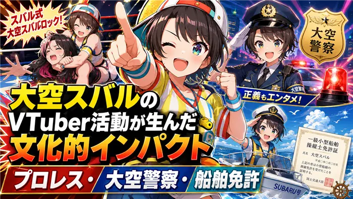 大空スバルのVTuber活動が生んだ文化的インパクトを、プロレス・大空警察・船舶免許の要素で表現した画像